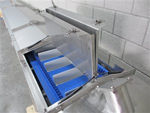Transportband 350 x 8500 mm - opvoerband in rvs behuizing